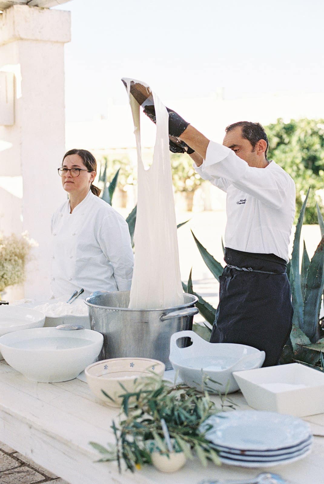 film photo of fresh mozzarella station at wedding