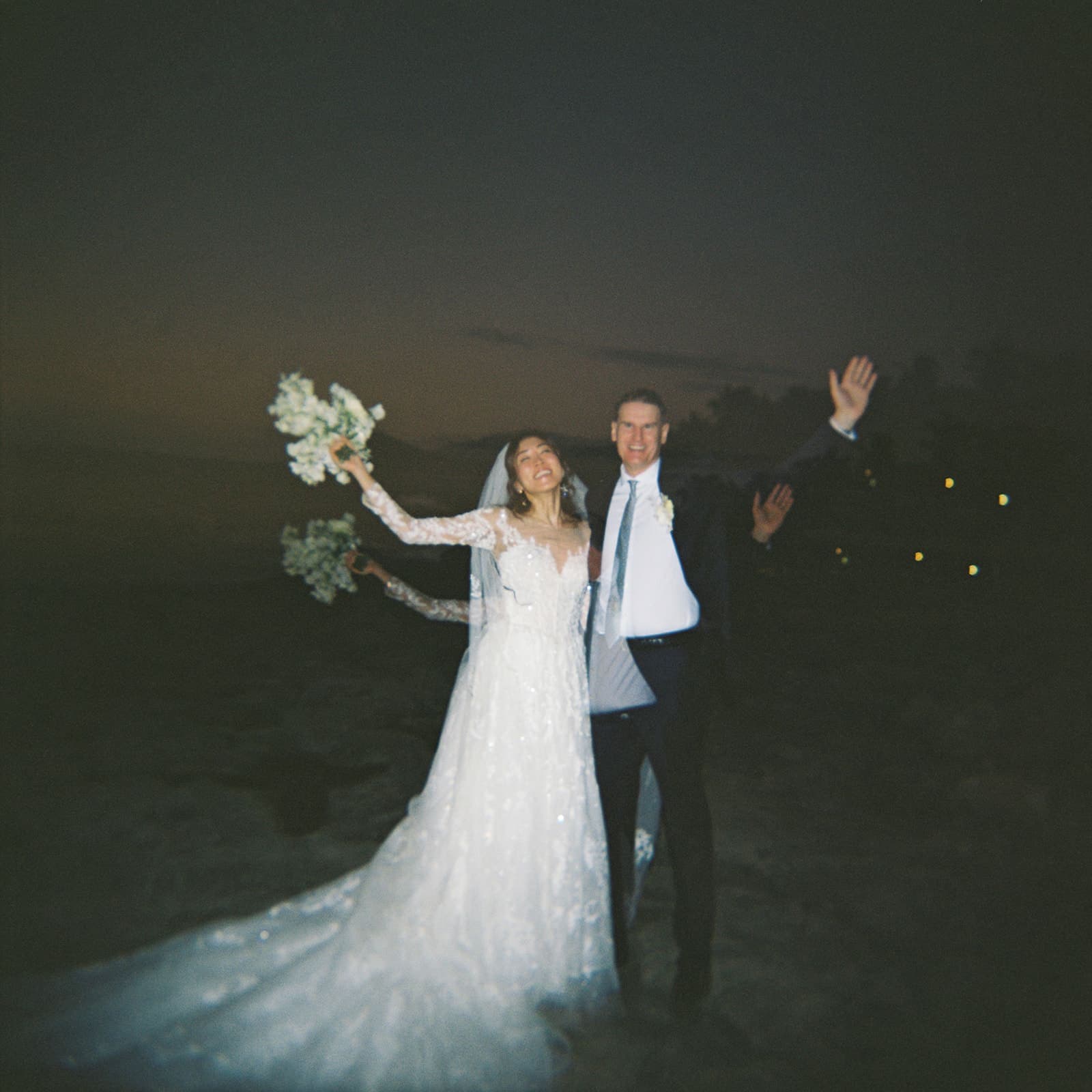 film photo of bride and groom happy